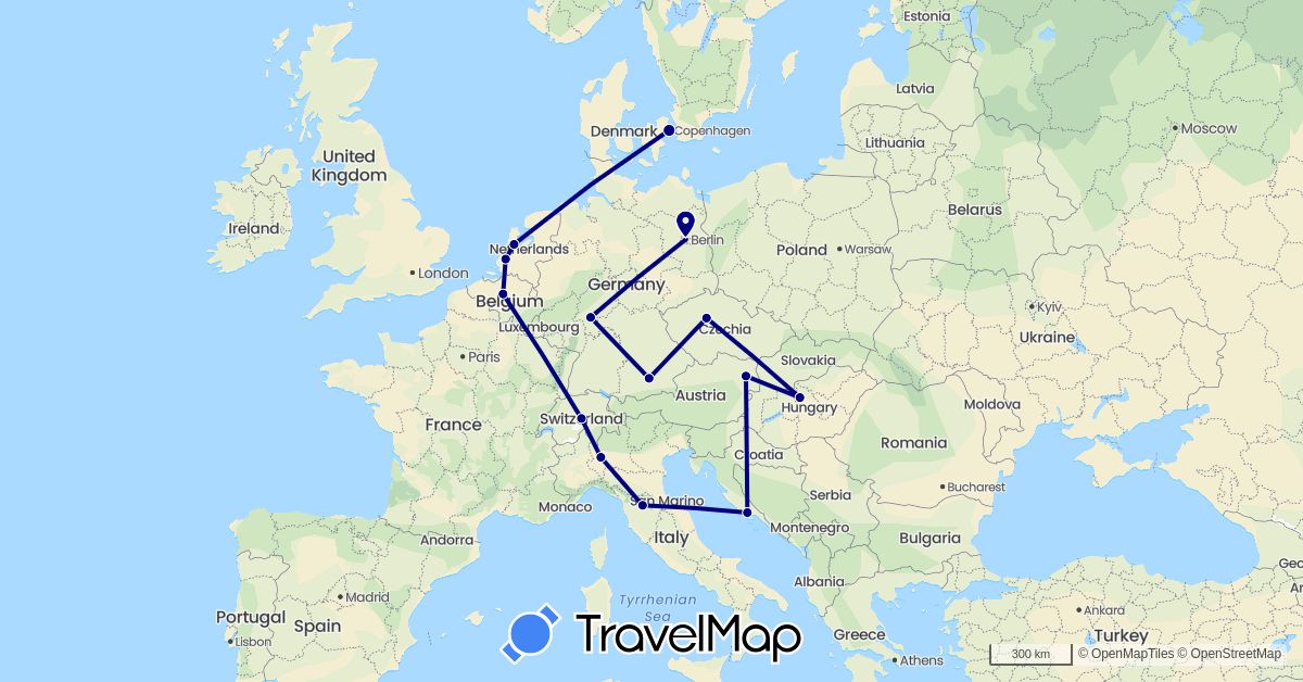 TravelMap itinerary: driving in Czech Republic, Germany, Denmark, Italy, Netherlands (Europe)